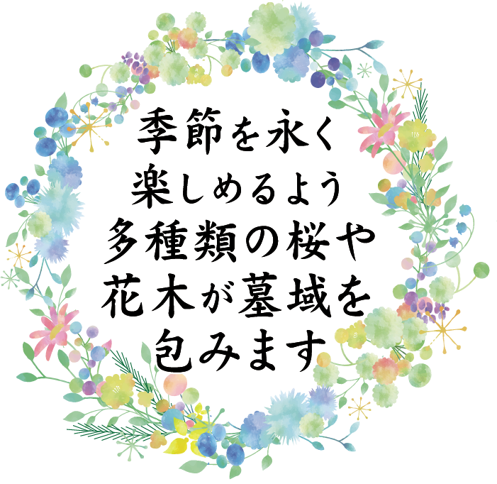 季節を永く楽しめるよう多種類の桜や花木が墓域を包みます